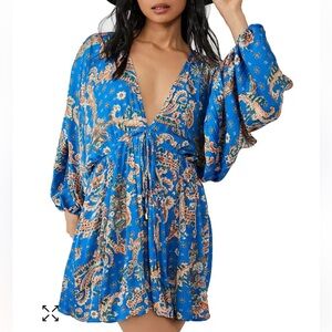 Free People Printed Arzel Draped-Sleeve Mini Dress